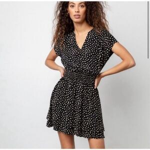 Rails Womens Smocked Waist V-Neck Karla Mini Dress Black Ivory‎ Spots Small